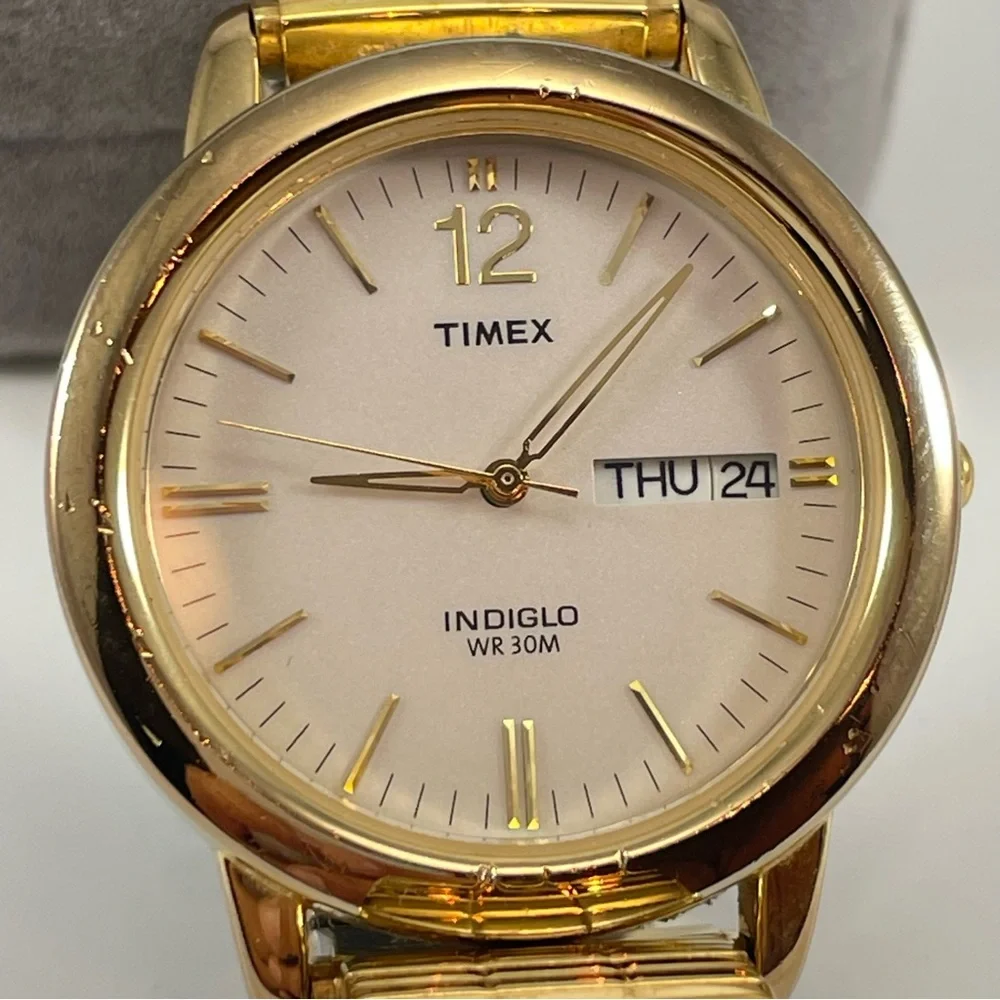 Timex Indiglo Gold / White Face Day/Date Watch WR30M